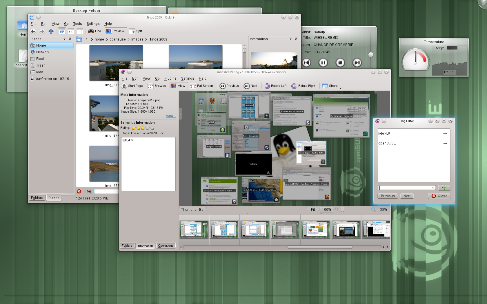 openSUSE KDE 桌面，带有 Dolphin 和 Gwenview